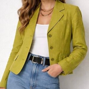 VTG 90s Talbots Irish Linen Blazer Petite 4 Chartreuse Green Cropped Jacket